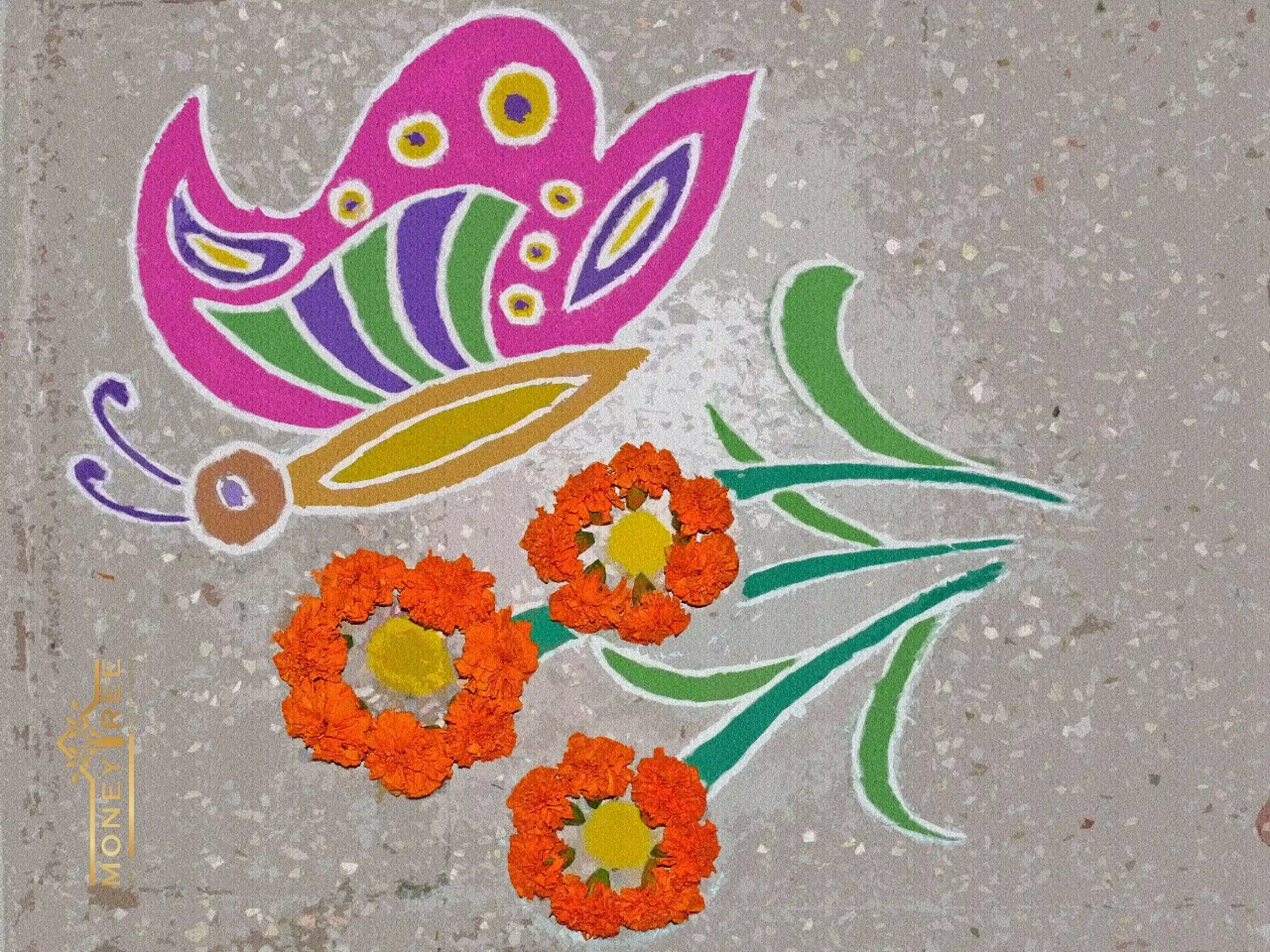 Butterfly and Flowers Rangoli Design
